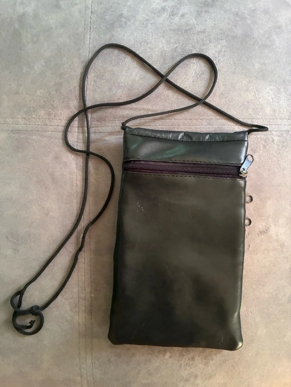 Black Leather Crossbody Travel Wallet - Slim Multi-Zip Design